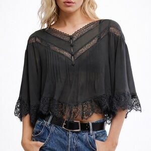 Free People Bali Midnight Rain Lace Trim Top Size Small